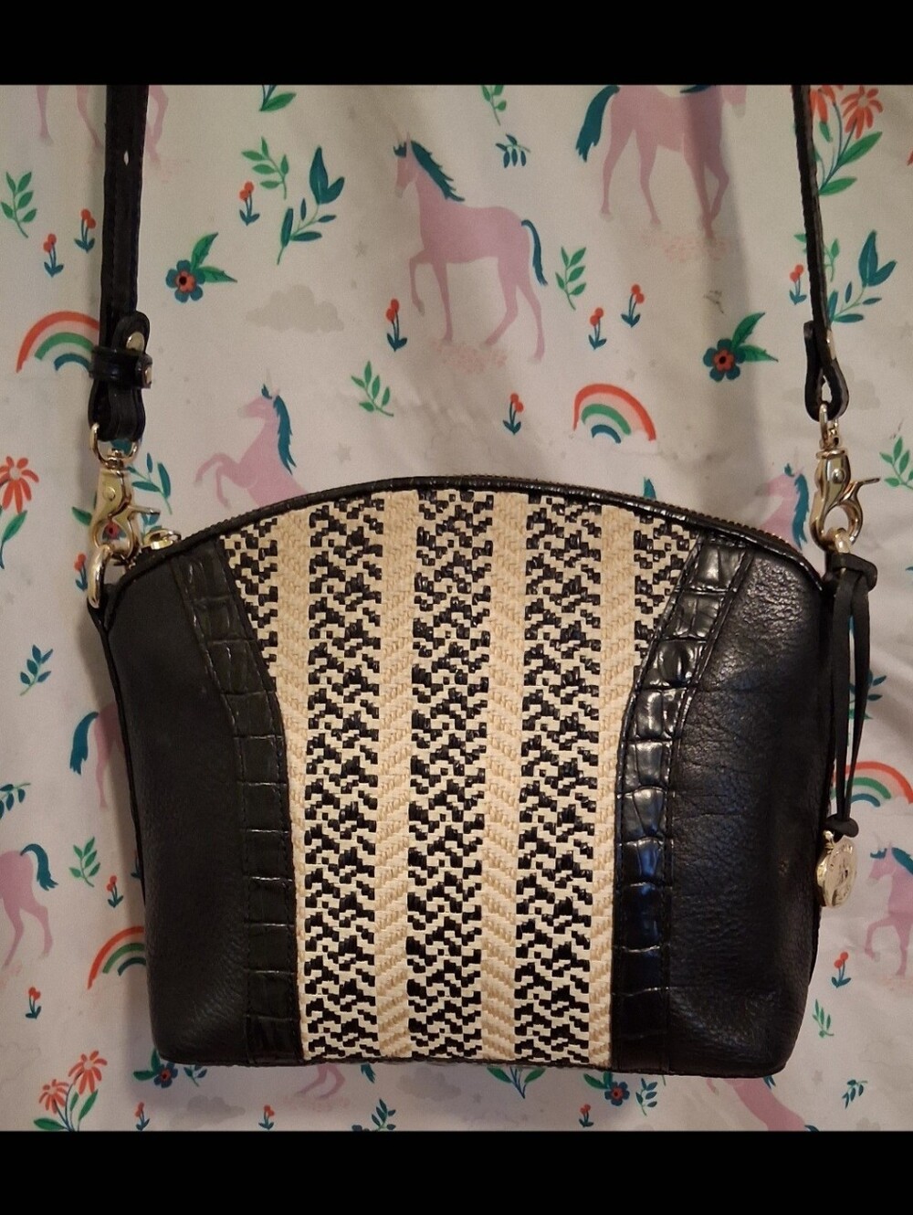NWOT RARE Brahmin Vivian Saint Tropez Black & White Woven Croc Boho Purse Bag